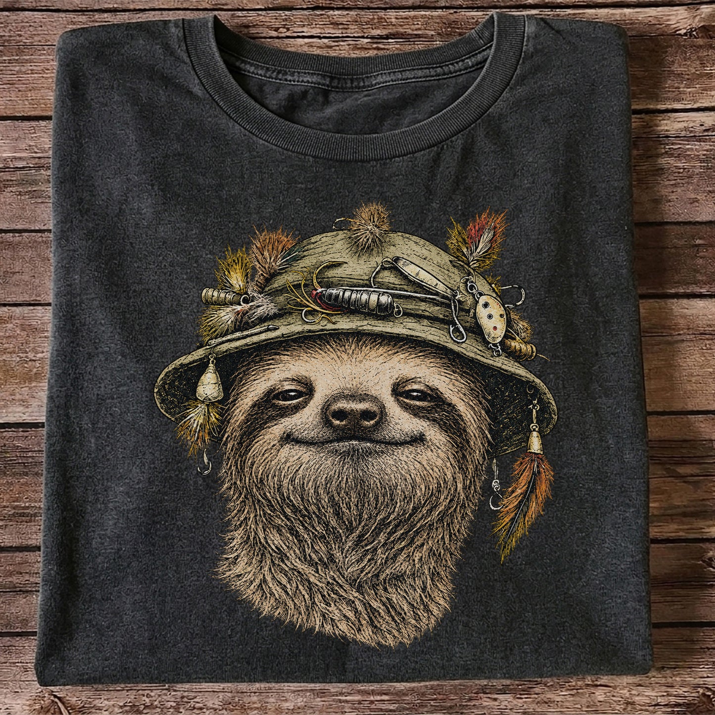 Sloth Wearing a Fishing Lure Hat Hand-Drawn Graphic T-Shirt