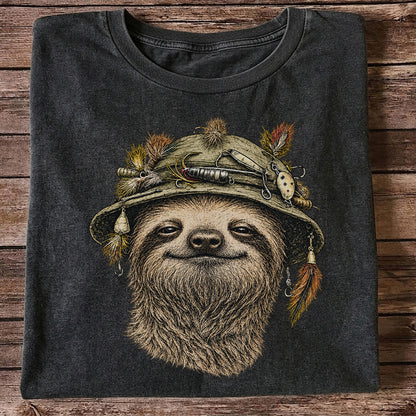Sloth Wearing a Fishing Lure Hat Hand-Drawn Graphic T-Shirt