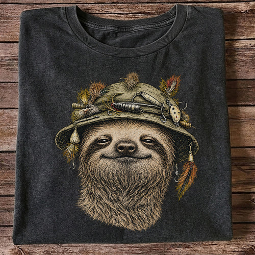 Sloth Wearing a Fishing Lure Hat Hand-Drawn Graphic T-Shirt