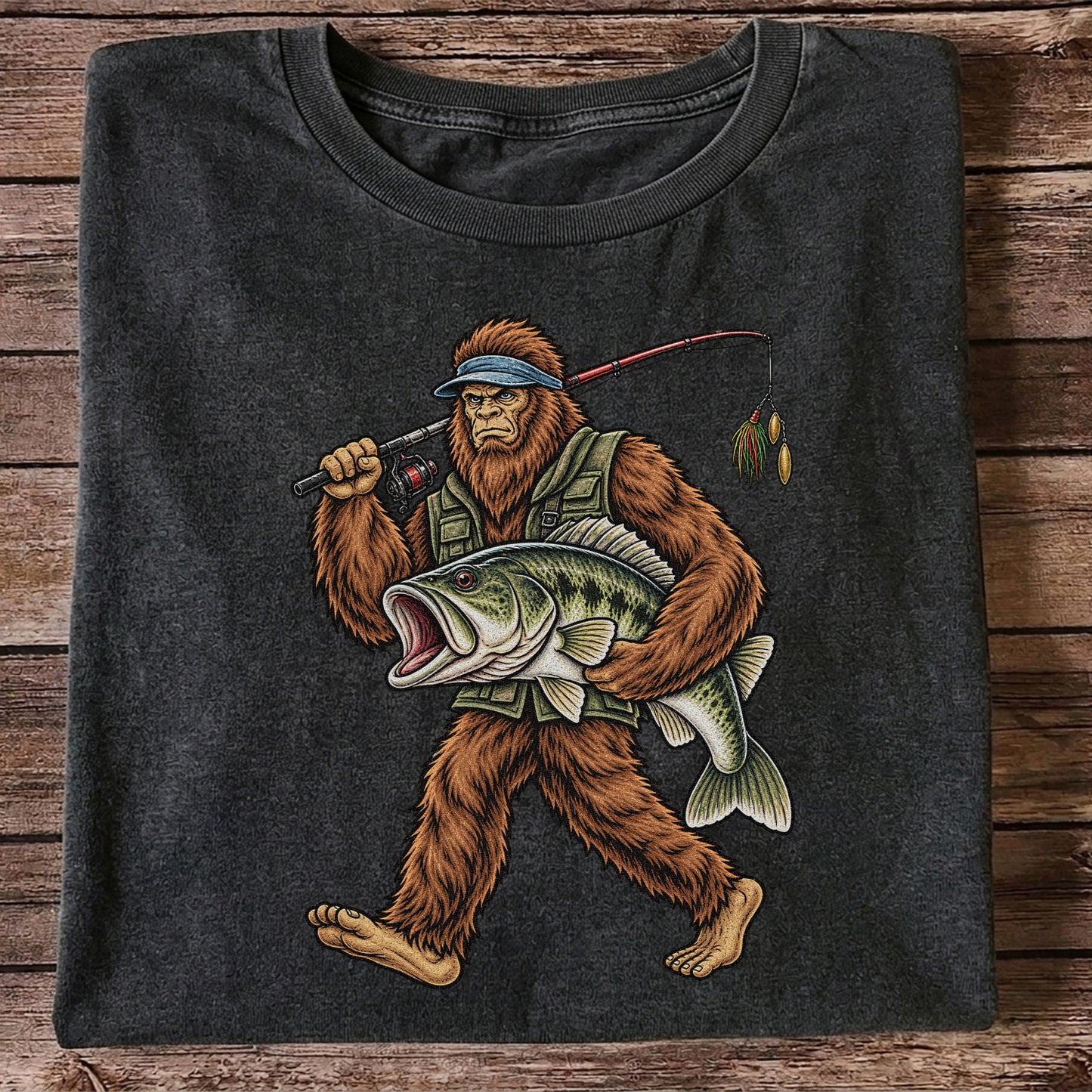 Bigfoot Holding a Largemouth Bass Fishing Graphic T-Shirt