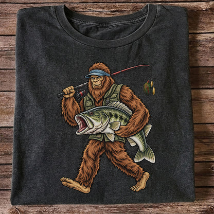 Bigfoot Holding a Largemouth Bass Fishing Graphic T-Shirt