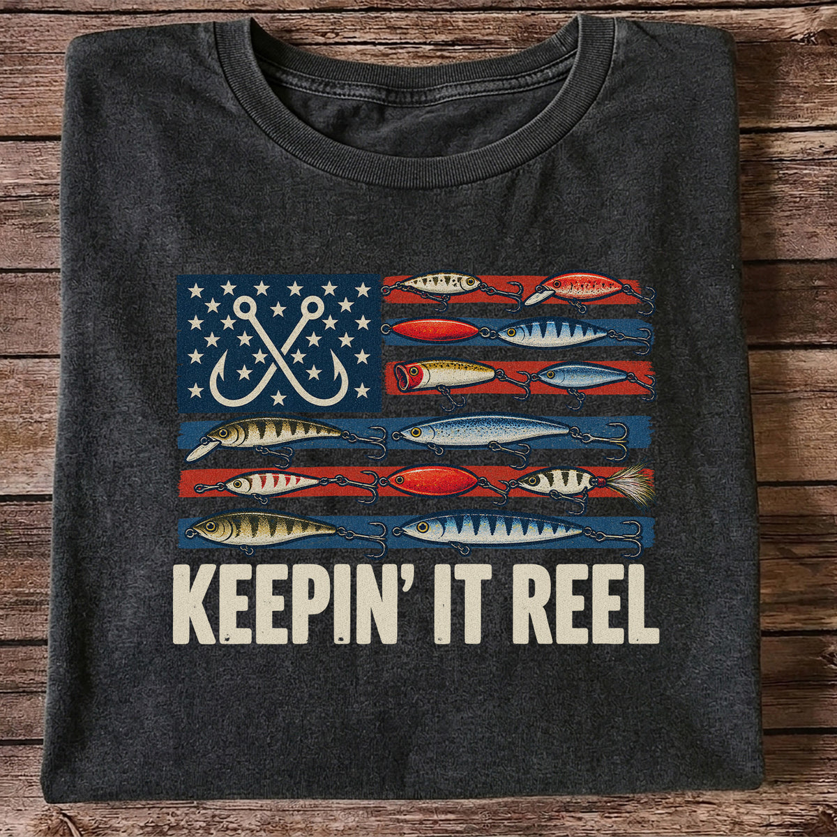 Keepin' It Reel American Flag Fishing Lures Graphic T-Shirt