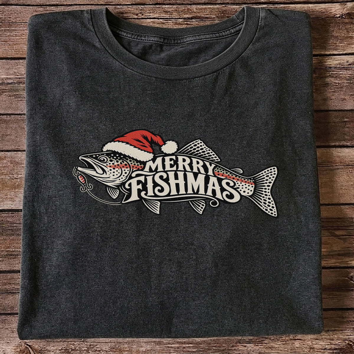 Merry Fishmas Rainbow Trout with Red Santa Hat and Lure Fishing T-Shirt
