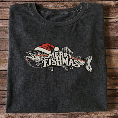 Merry Fishmas Rainbow Trout with Red Santa Hat and Lure Fishing T-Shirt