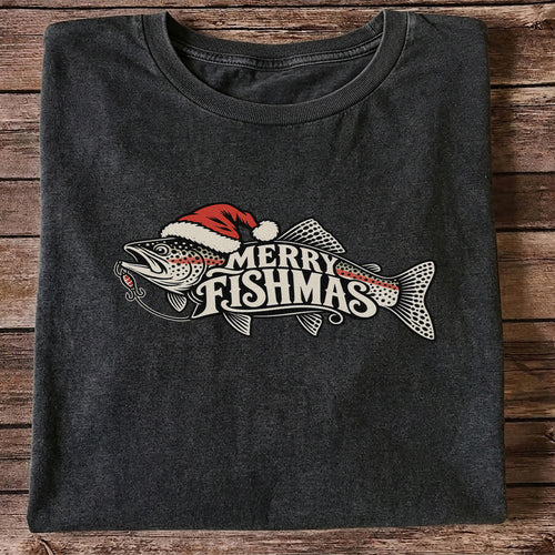 Merry Fishmas Rainbow Trout with Red Santa Hat and Lure Fishing T-Shirt