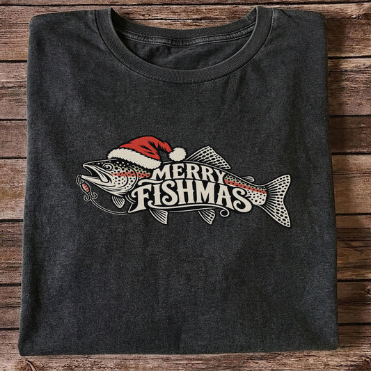 Merry Fishmas Rainbow Trout with Red Santa Hat and Lure Fishing T-Shirt