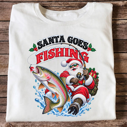 Santa Goes Fishing Rainbow Trout Christmas Graphic T-Shirt