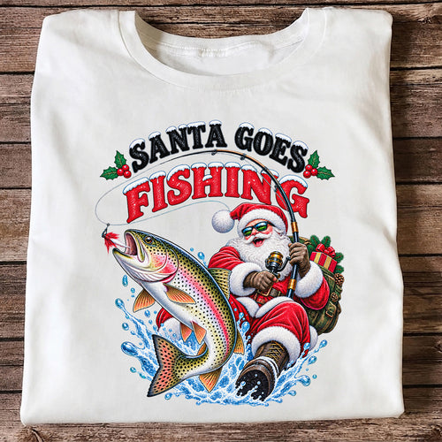 Santa Goes Fishing Rainbow Trout Christmas Graphic T-Shirt