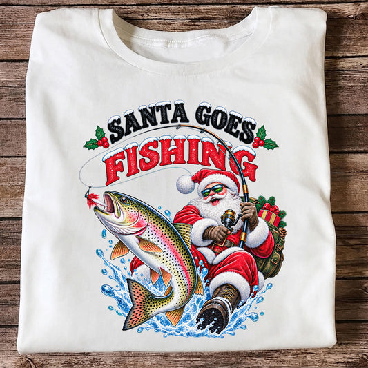 Santa Goes Fishing Rainbow Trout Christmas Graphic T-Shirt