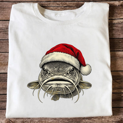 Christmas Catfish Santa Hat Holiday Fishing Graphic T-Shirt