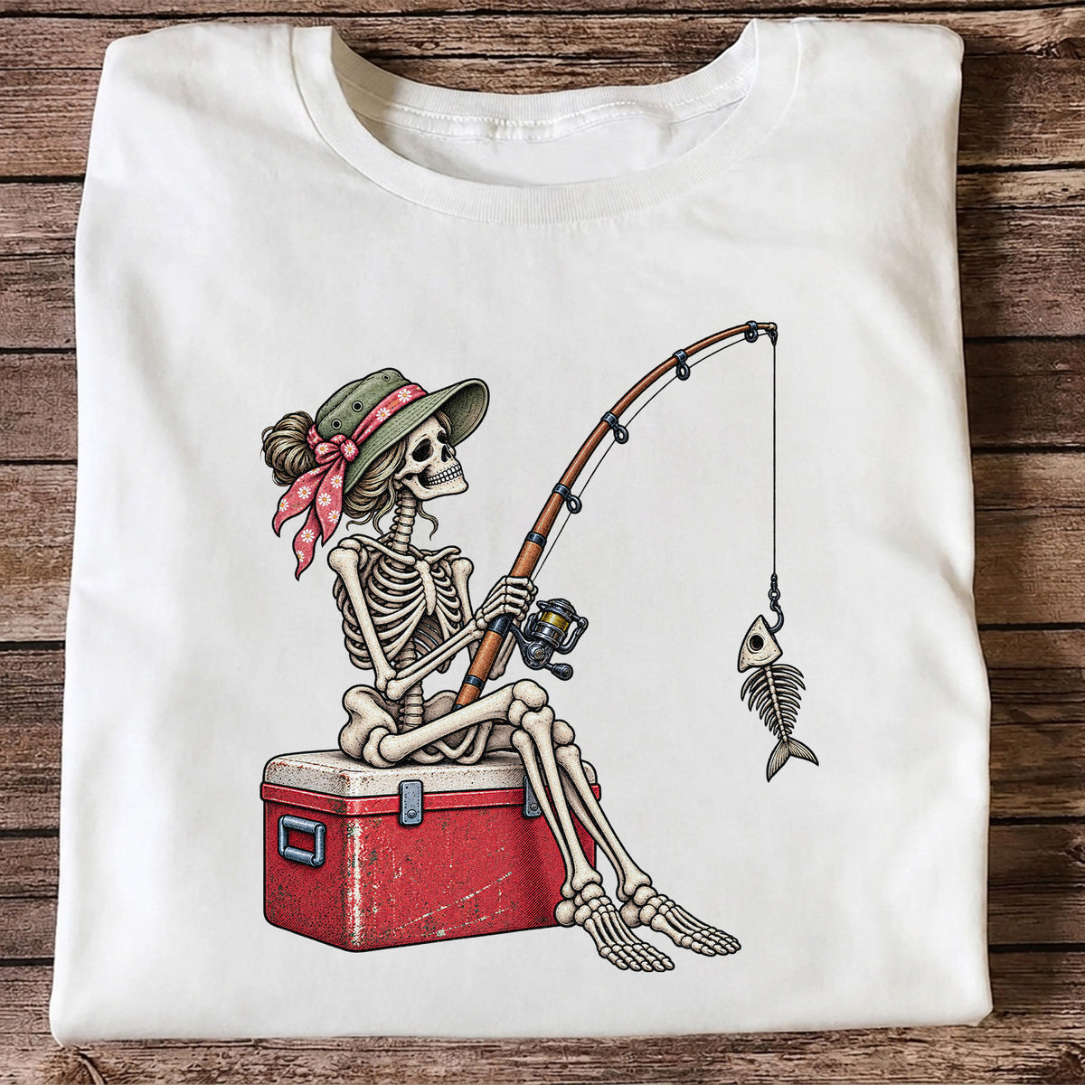 Skeleton Woman Fishing on a Cooler with Fish Bones Graphic T-Shirt