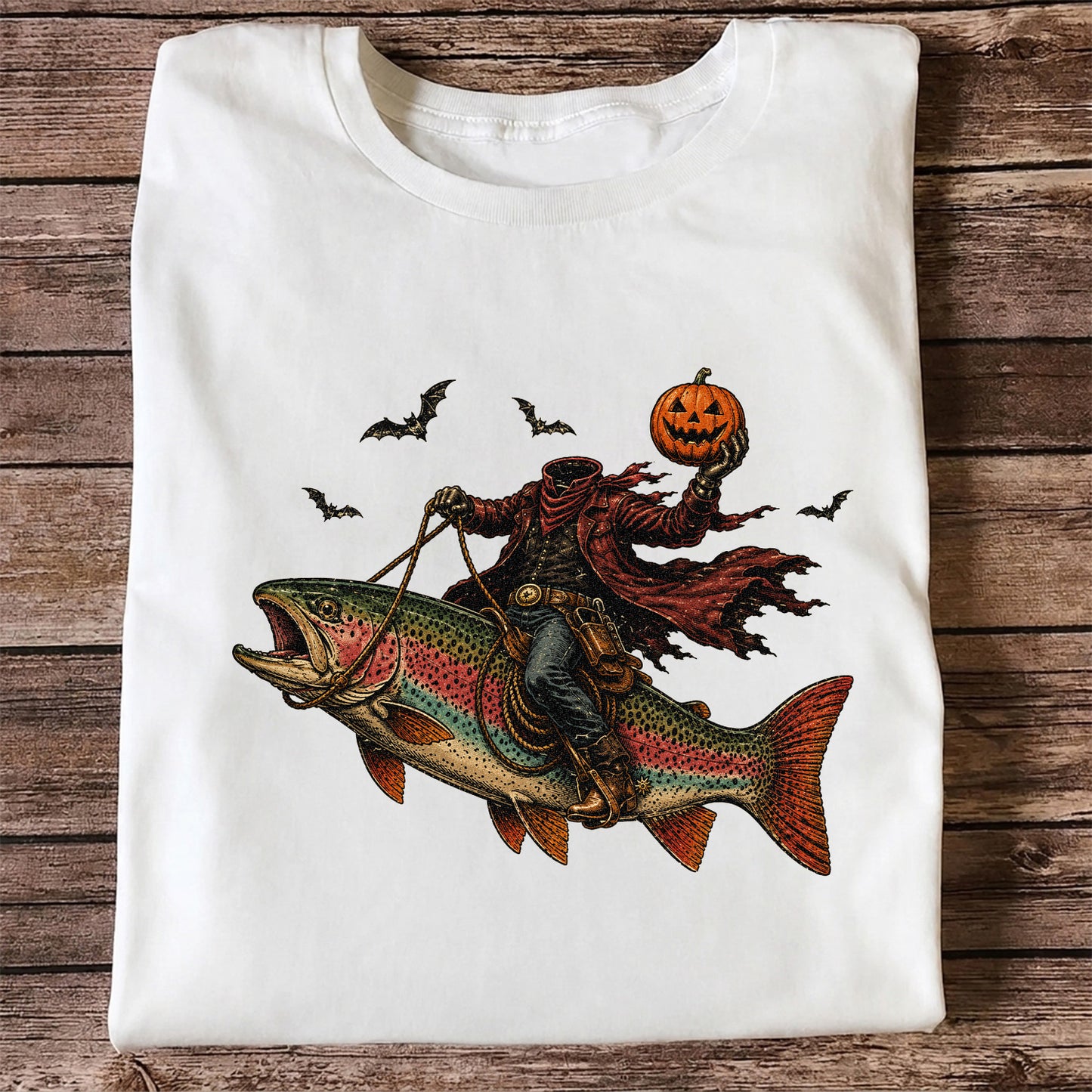 Halloween Cowboy Trout Fishing T-Shirt Pumpkin Fishing Tee