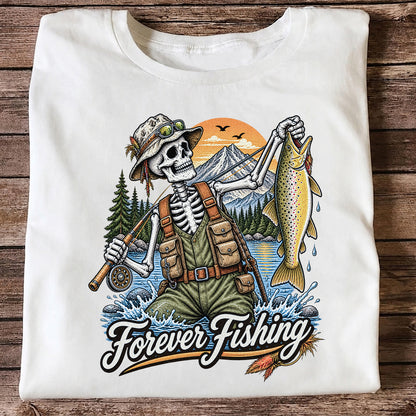 Forever Fishing Skeleton Angler Holding Brown Trout Graphic T-Shirt