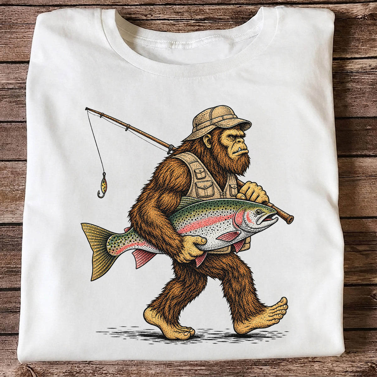 Bigfoot Holding Rainbow Trout Vintage Fishing Graphic T-Shirt