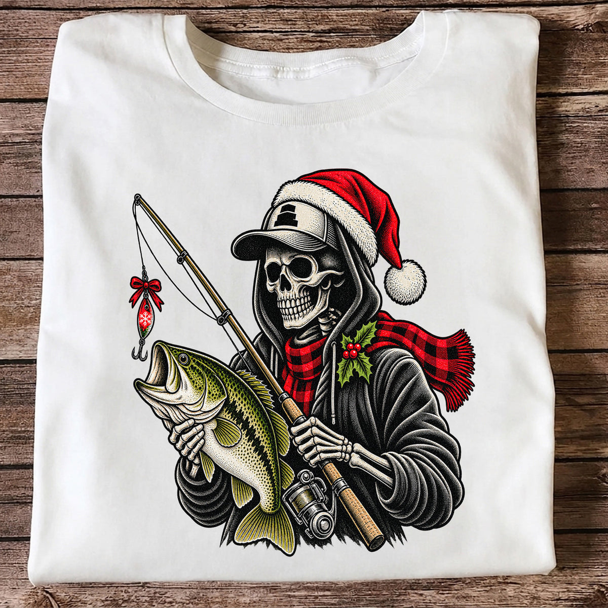 Christmas Skeleton Angler with Santa Hat and Bass Fishing T-Shirt