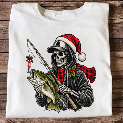 Christmas Skeleton Angler with Santa Hat and Bass Fishing T-Shirt