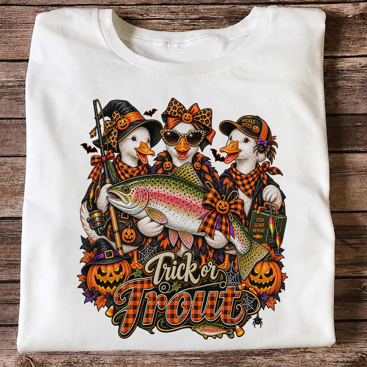 Trick or Trout Halloween Ducks with Rainbow Trout and Pumpkins Fishing T-Shirt