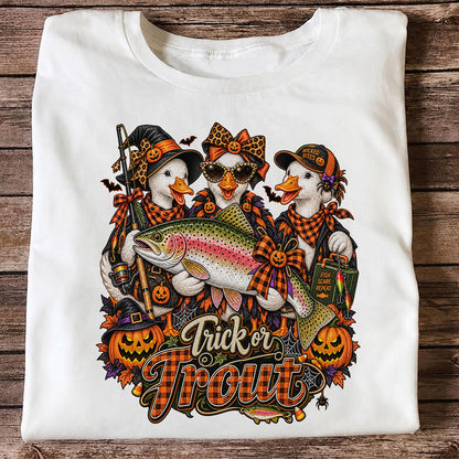 Trick or Trout Halloween Ducks with Rainbow Trout and Pumpkins Fishing T-Shirt