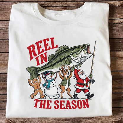 Reel in the Season Bass Christmas Fishing Graphic T-Shirt