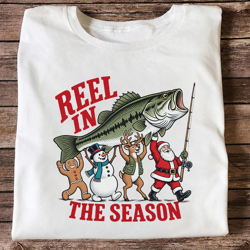 Reel in the Season Bass Christmas Fishing Graphic T-Shirt