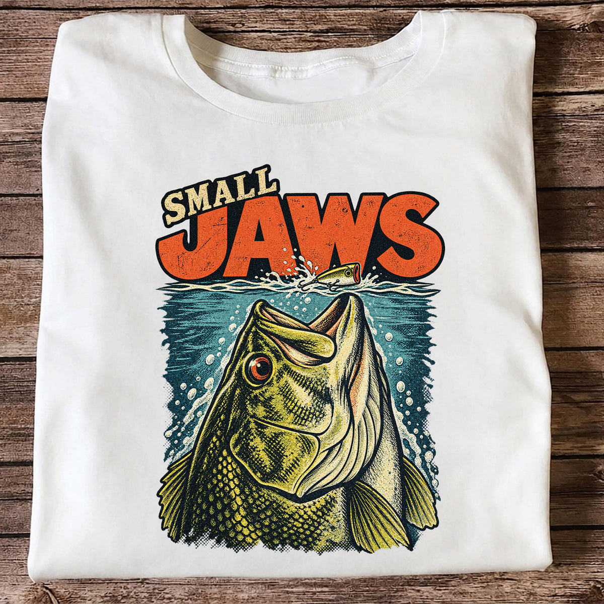 Small Jaws Bass Chasing a Fishing Lure Retro Graphic T-Shirt