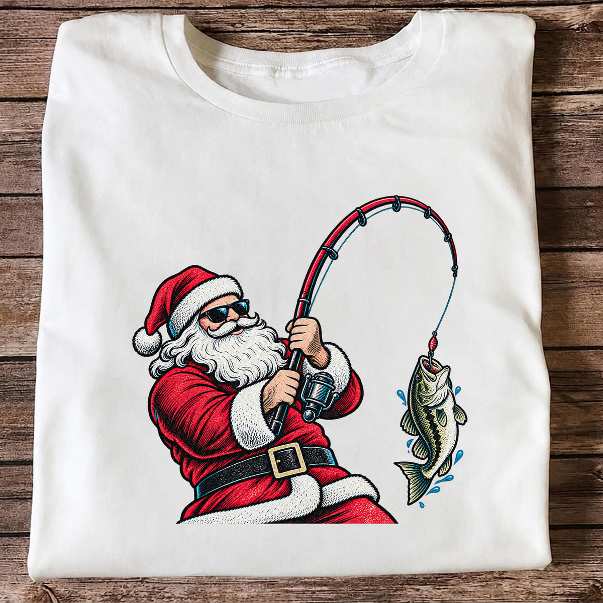 Santa Claus Catching a Bass Christmas Fishing Graphic T-Shirt