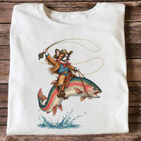 Cowboy French Bulldog Riding a Rainbow Trout Fishing T-Shirt