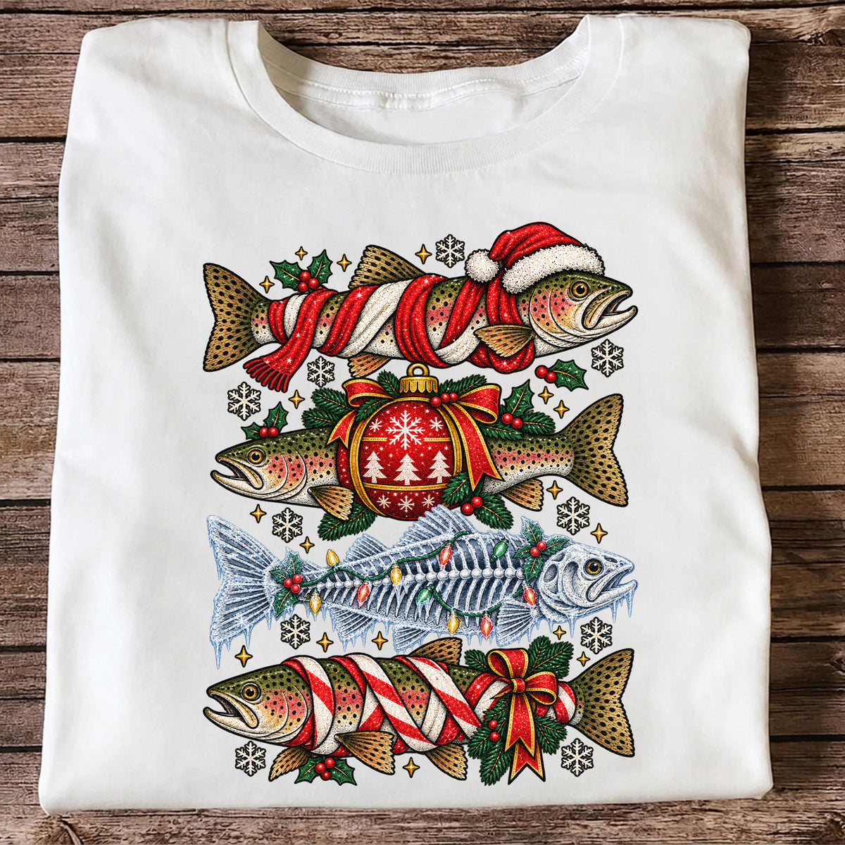 Christmas Rainbow Trout and Fish Skeleton Fishing Graphic T-Shirt