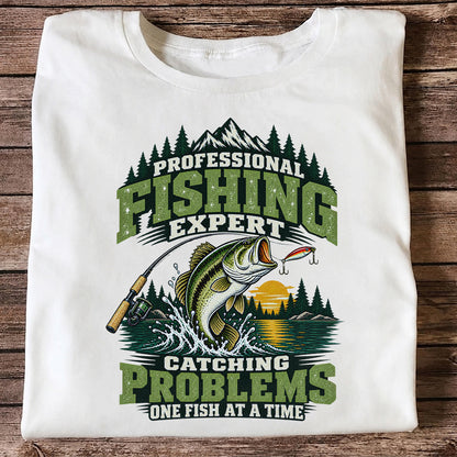 Professional Fishing Expert Catching Problems One Fish at a Time Bass T-Shirt