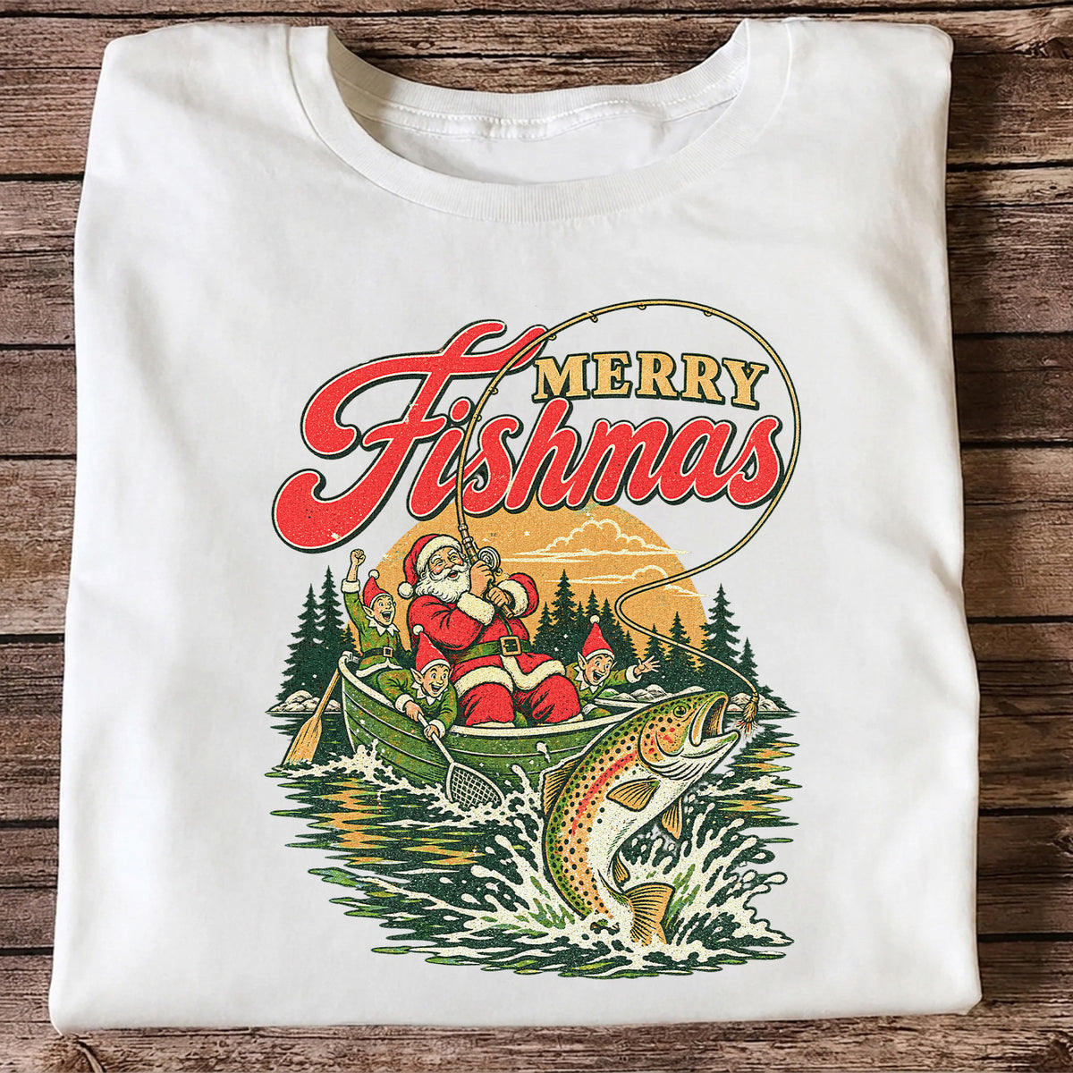 Merry Fishmas Santa and Elves Trout Fishing Christmas T-Shirt