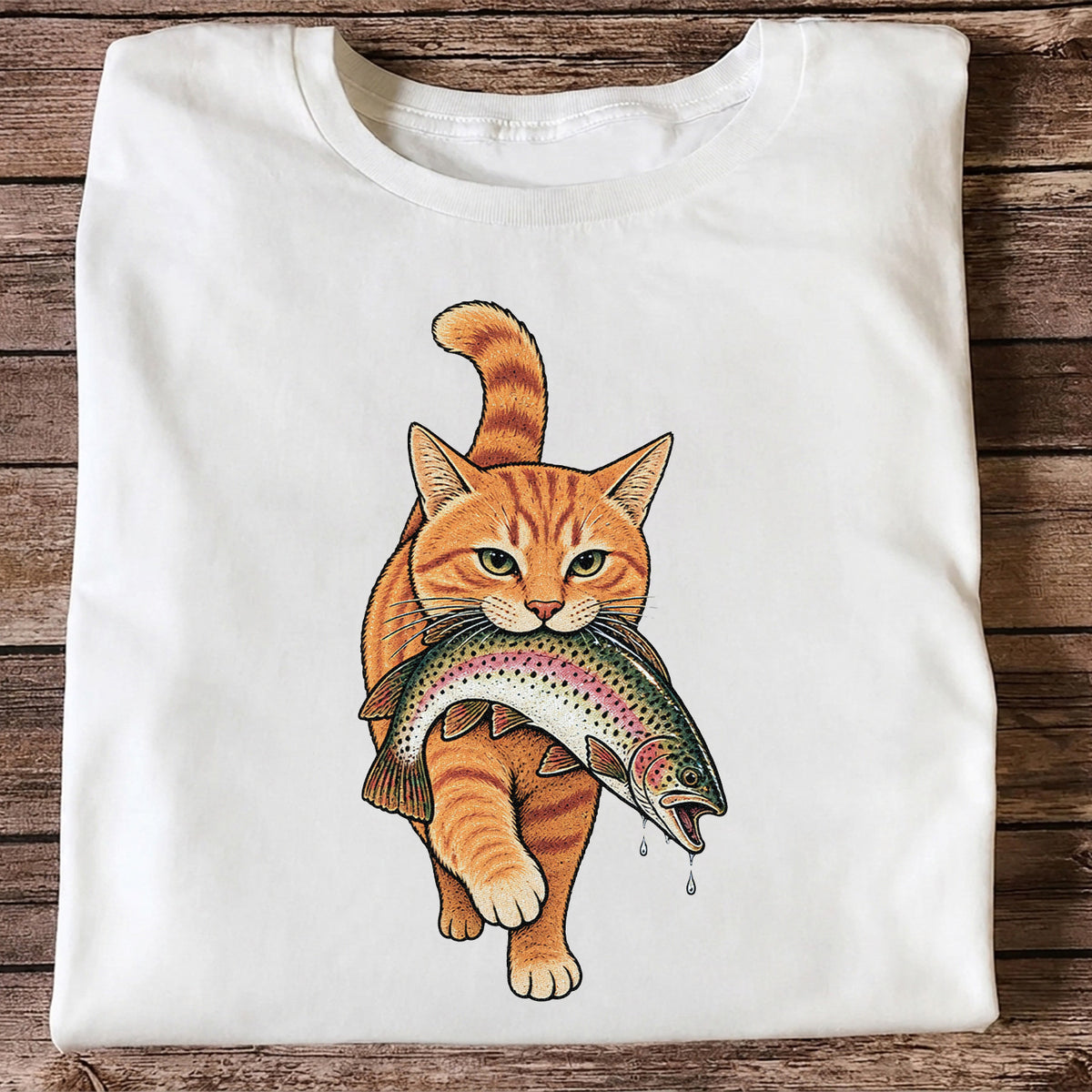 Cat Holding Trout Funny Fishing Graphic T-Shirt