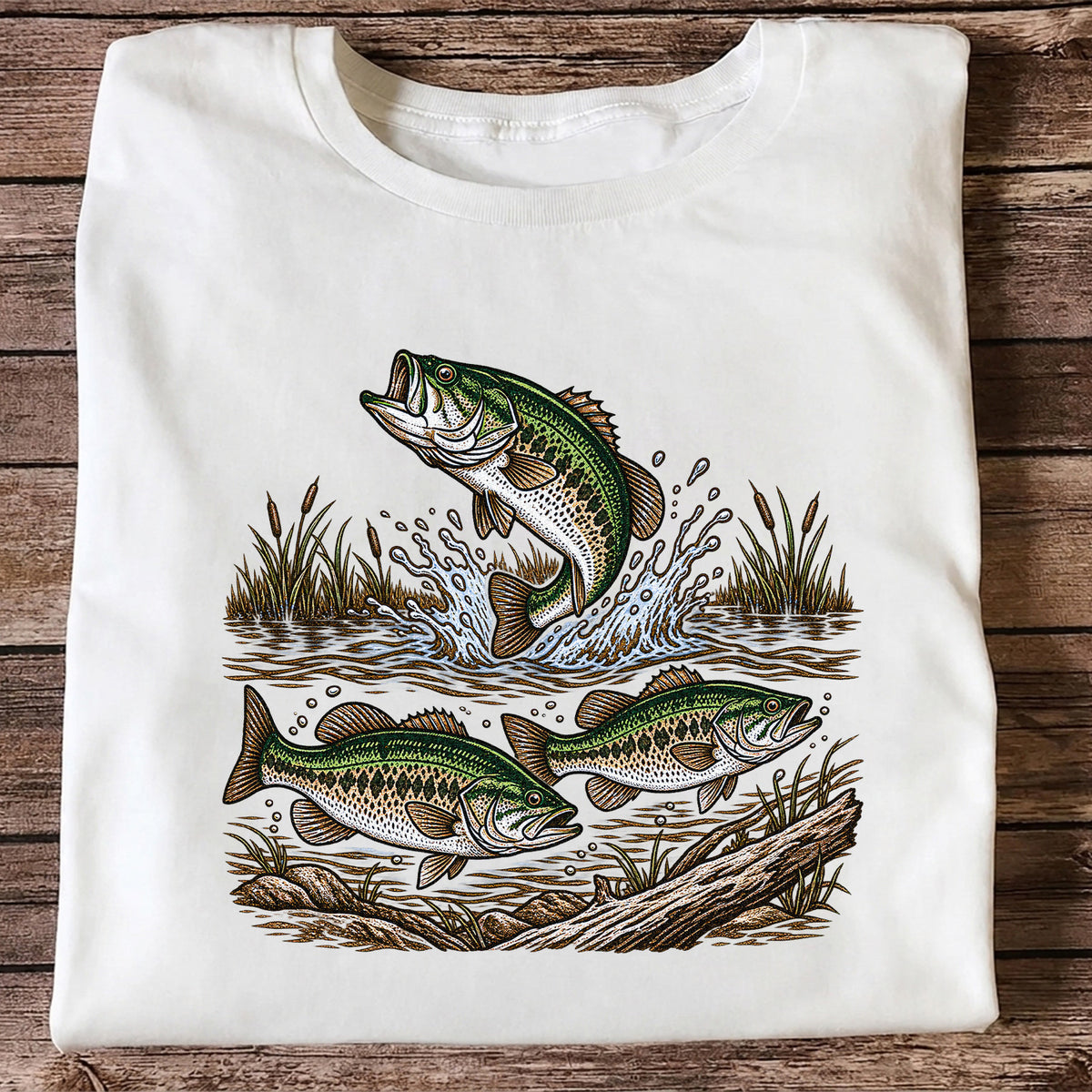 Largemouth Bass Jumping River Fishing Graphic T-Shirt