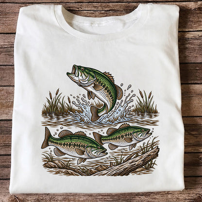 Largemouth Bass Jumping River Fishing Graphic T-Shirt