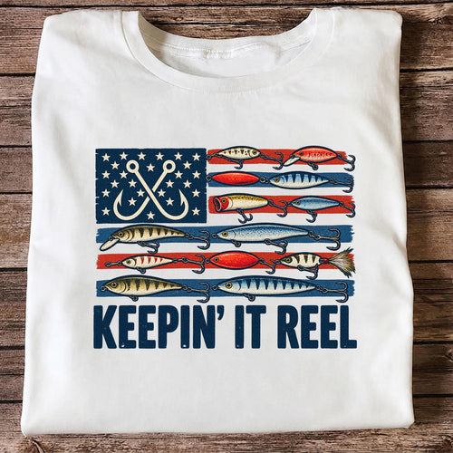 Keepin' It Reel American Flag Fishing Lures Graphic T-Shirt