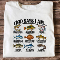 God Says I Am Christian Fish and Bible Verse Fishing Graphic T-Shirt