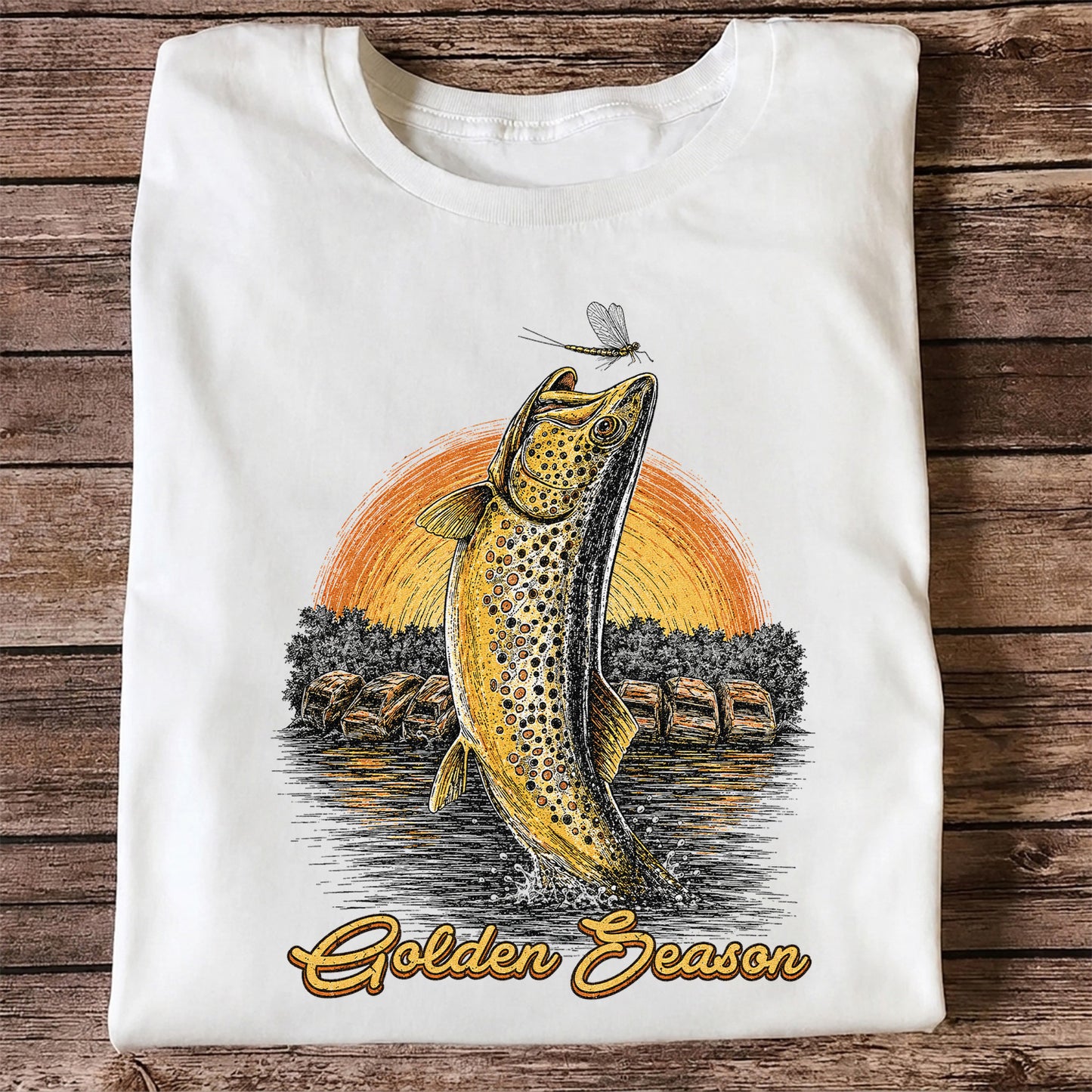 Golden Season Jumping Trout Sunset Fishing Graphic T-Shirt