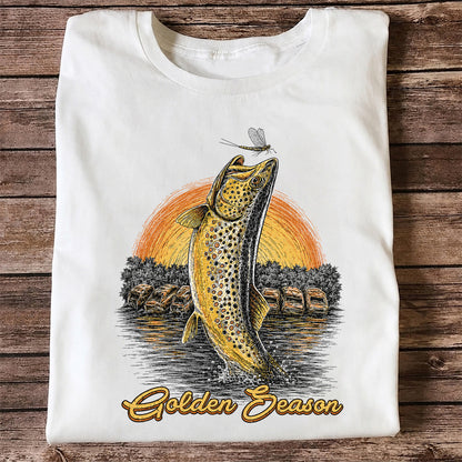 Golden Season Jumping Trout Sunset Fishing Graphic T-Shirt
