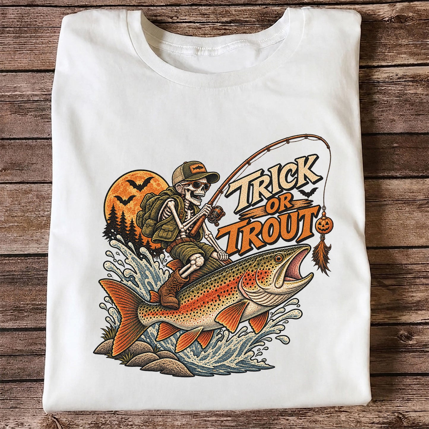 Trick or Trout Halloween Skeleton Angler Fishing T-Shirt