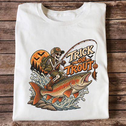 Trick or Trout Halloween Skeleton Angler Fishing T-Shirt