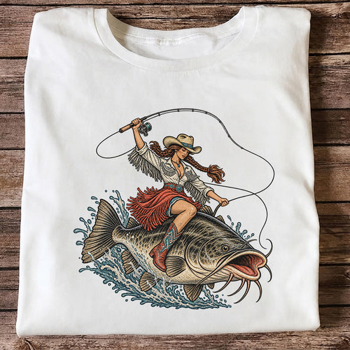 Cowgirl Riding a Largemouth Bass Fishing Graphic T-Shirt