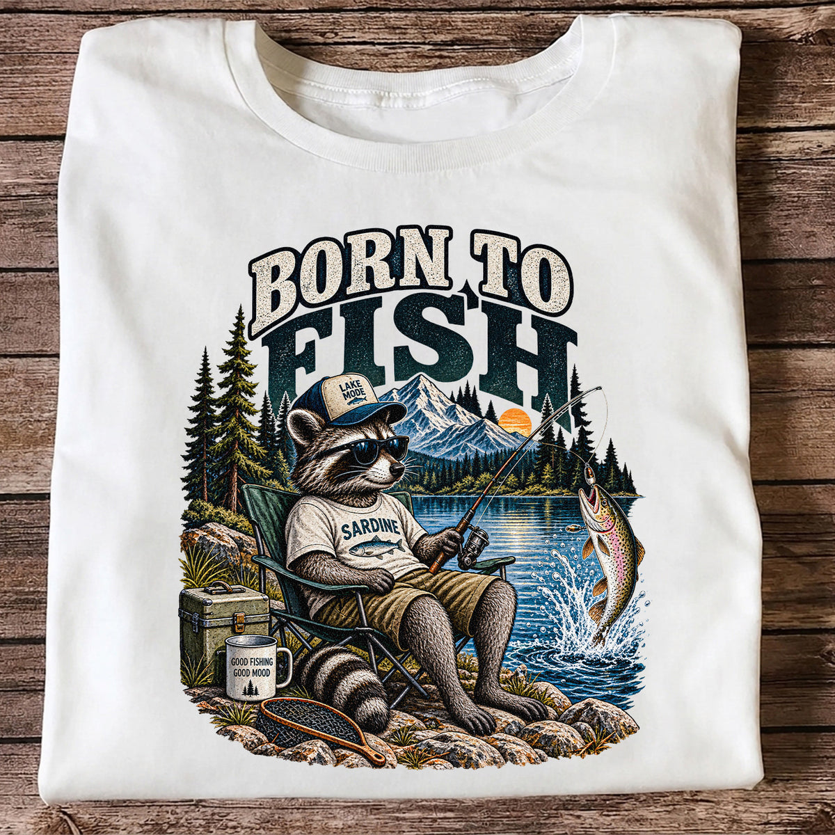 Born to Fish Raccoon in Sunglasses Lake Fishing T-Shirt