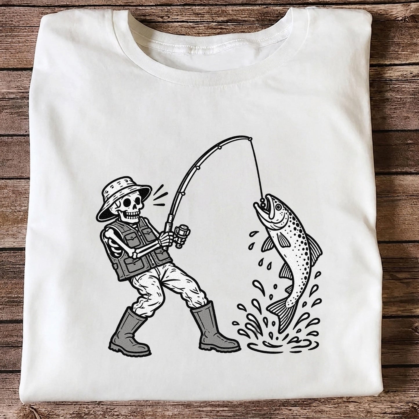 Skeleton Angler Catching a Trout Fishing Graphic T-Shirt