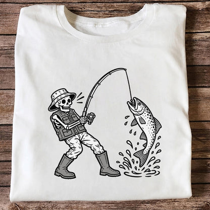 Skeleton Angler Catching a Trout Fishing Graphic T-Shirt