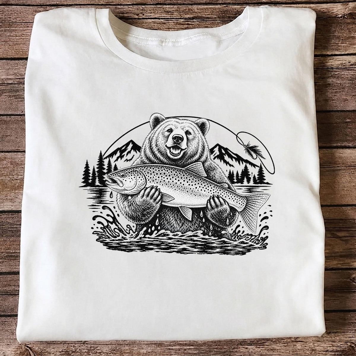 Bear Holding Trout in Mountain Lake Fishing Graphic T-Shirt