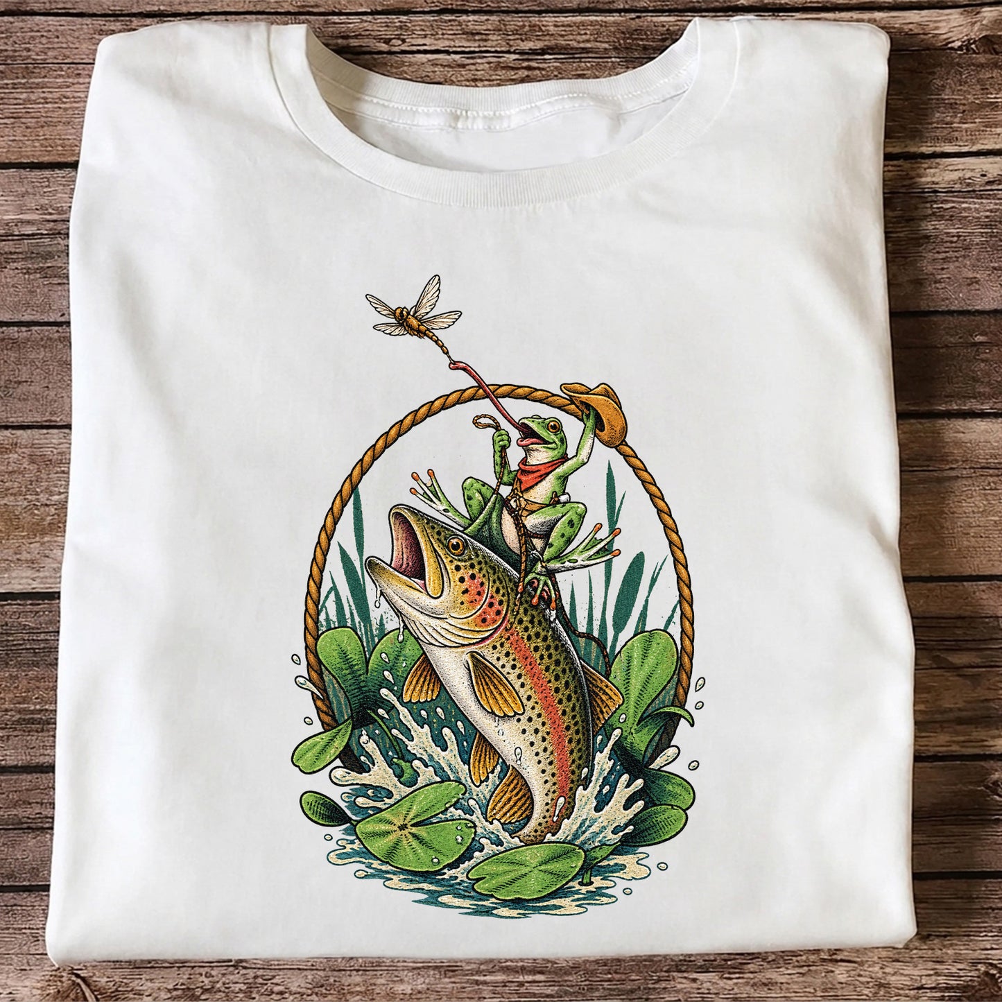 Frog Riding a Rainbow Trout Fishing Graphic T-Shirt