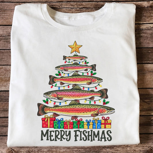 Rainbow Trout Christmas Tree Fishing Graphic T-Shirt