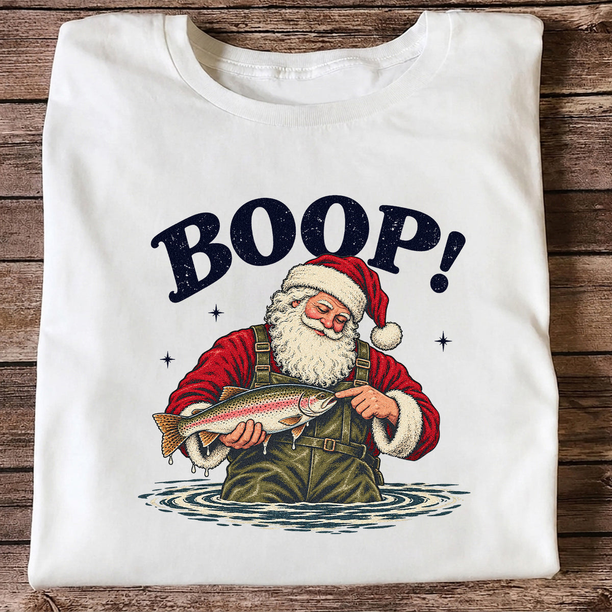 Boop Santa Holding Trout Funny Christmas Fishing T-Shirt