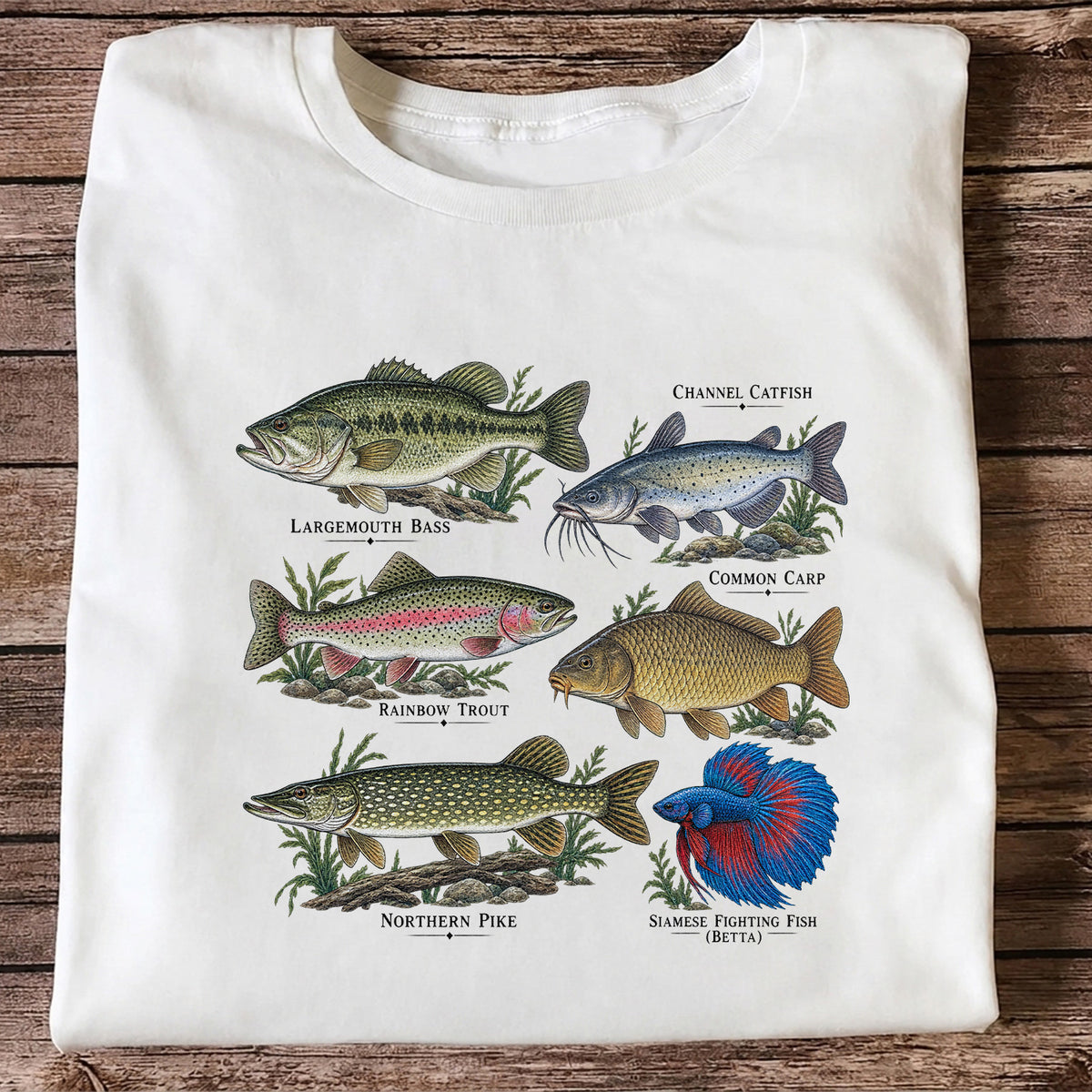 Bass Trout Catfish Carp Pike and Betta Freshwater Fish Graphic T-Shirt