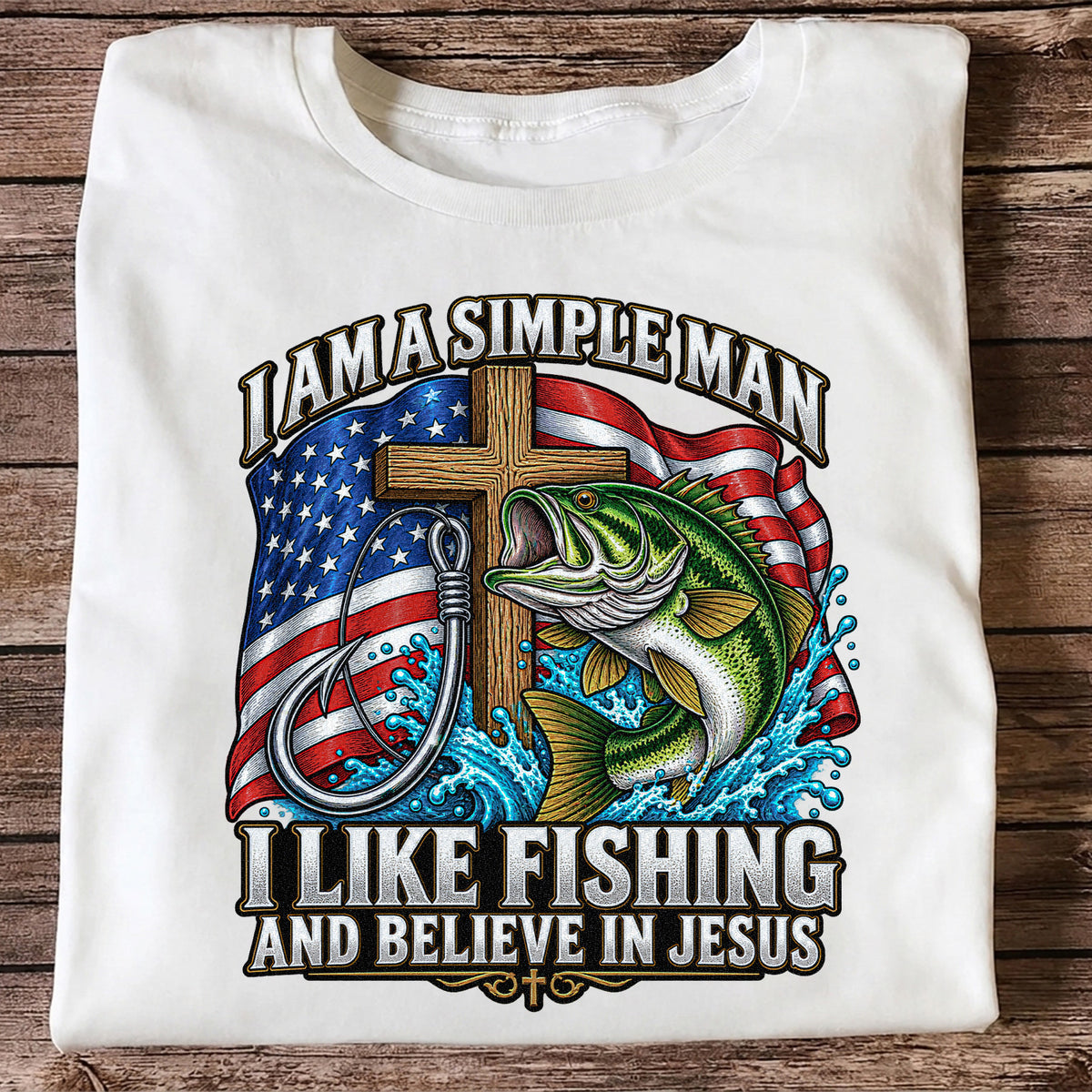 American Flag Bass Fishing Faith Patriotic Graphic T-Shirt