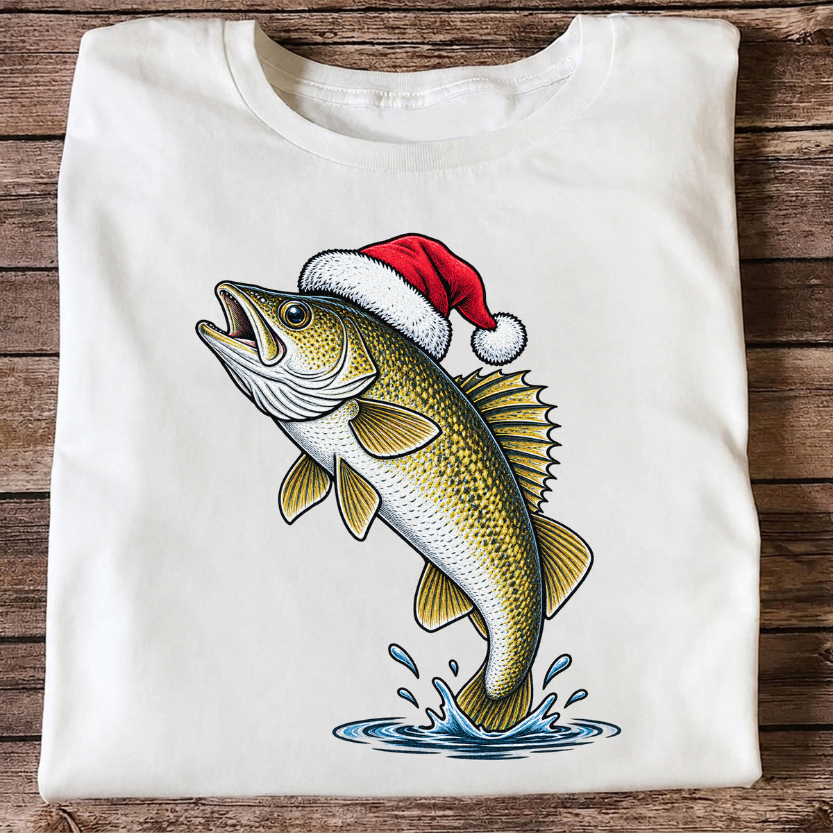 Santa Hat Walleye Christmas Fishing Graphic T-Shirt